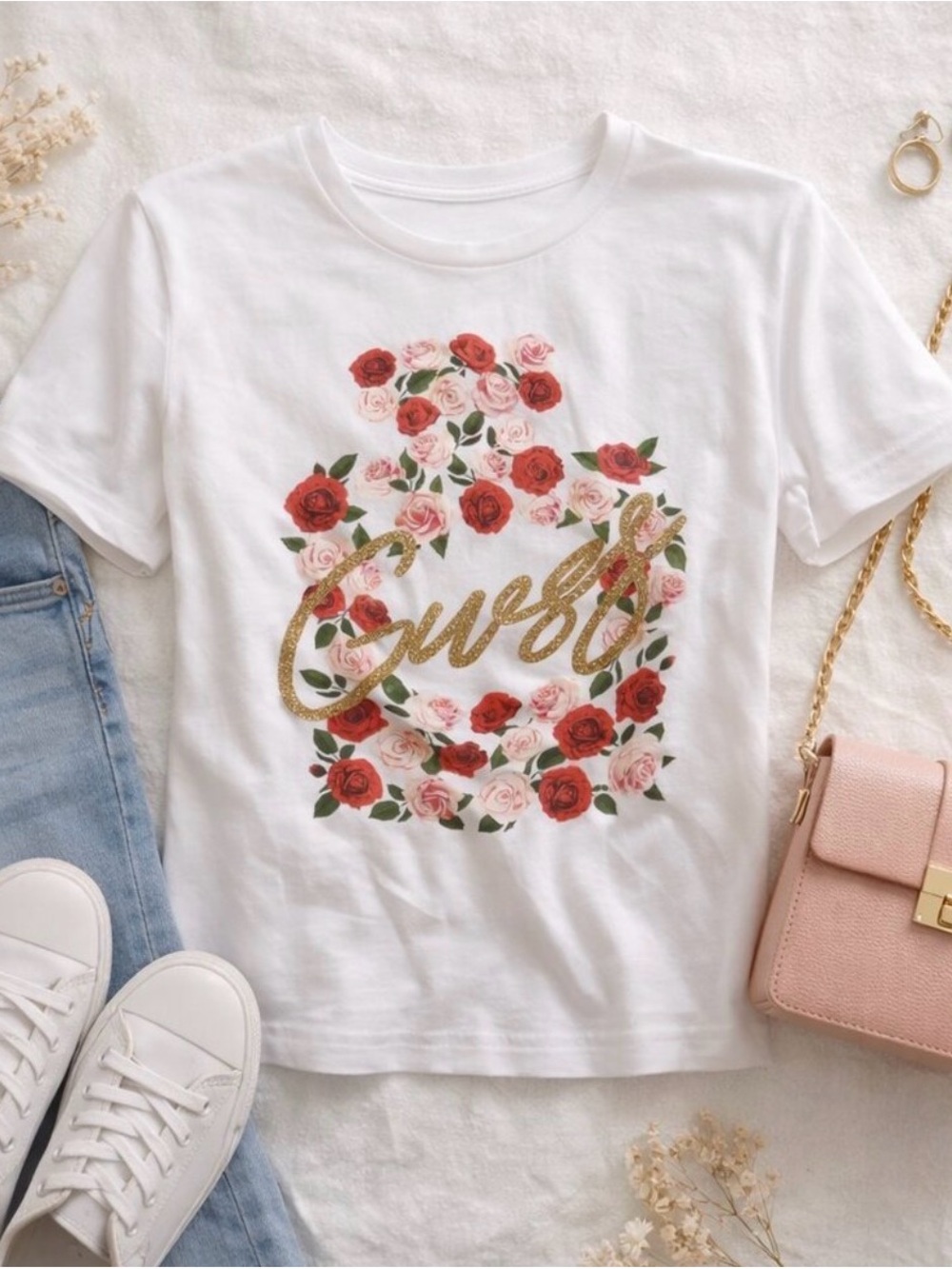 Guess White Short Sleeve Tee with Red & Pink Rose Graphic and Gold Script